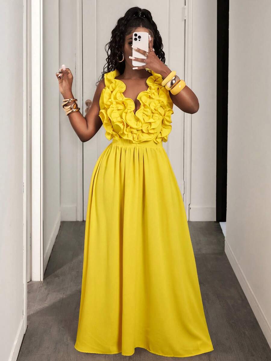 Yellow Deep V-Neck Ruffle Halt - Maxi Dress Halter recensione e prezzo