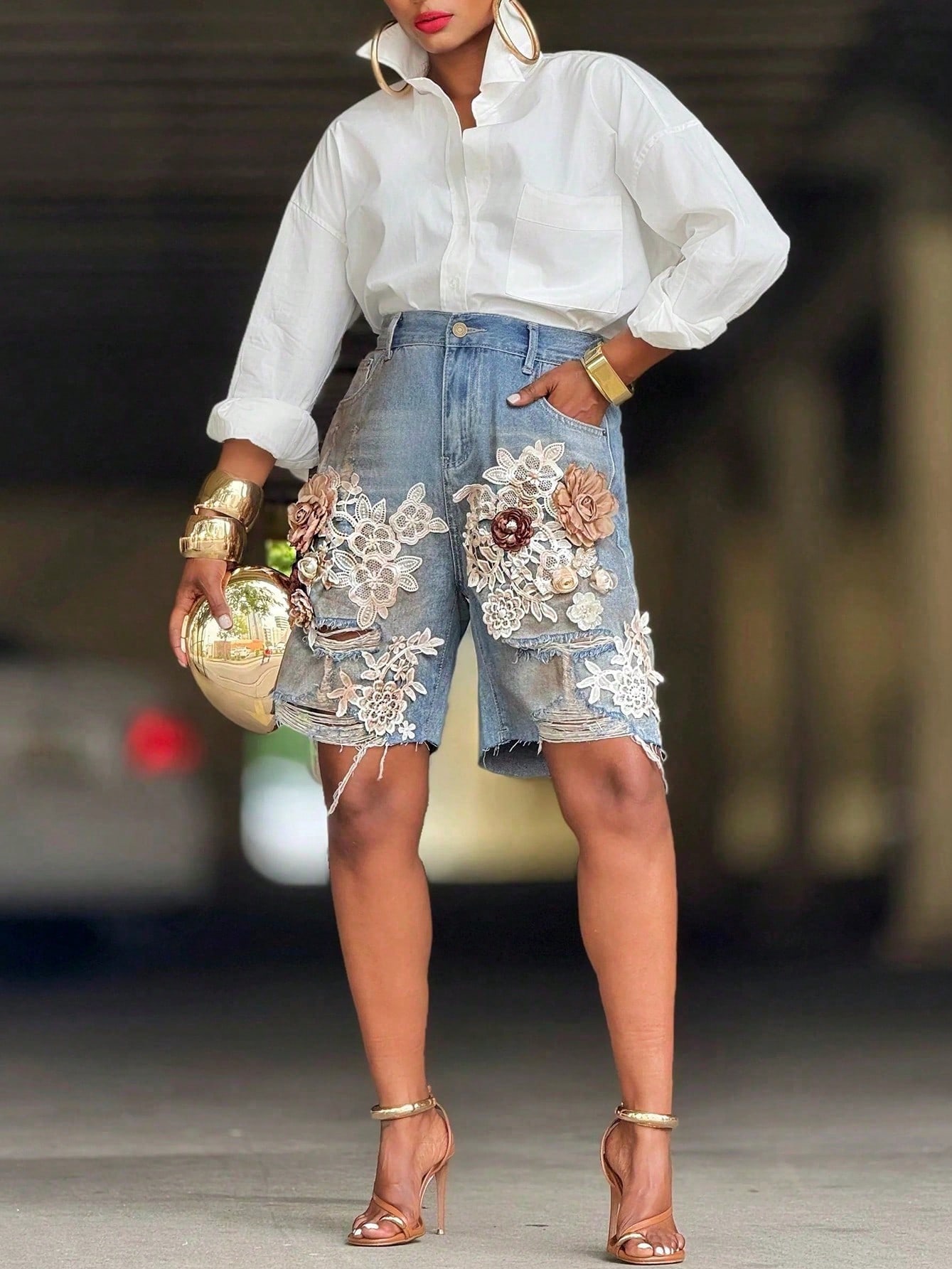 GLOURI Women 3D Floral Appliqu - Shorts Denim Frayed recensione e prezzo