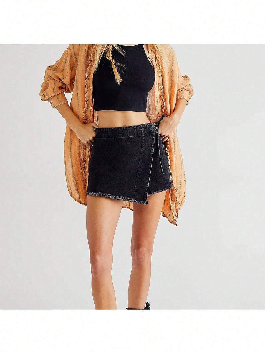 Women Denim Wrap Skort High Wa - Shorts Denim Frayed recensione e prezzo