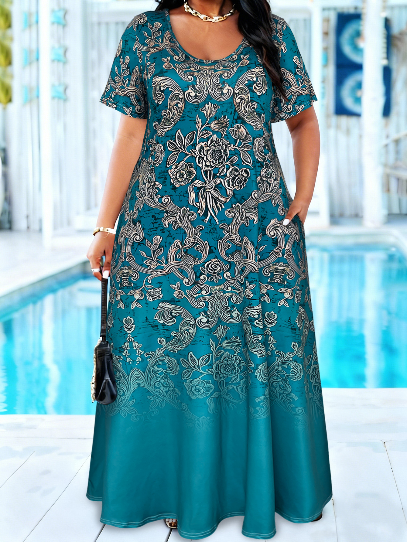 Plus Size Teal Baroque Floral  - Romper Floral Print recensione e prezzo