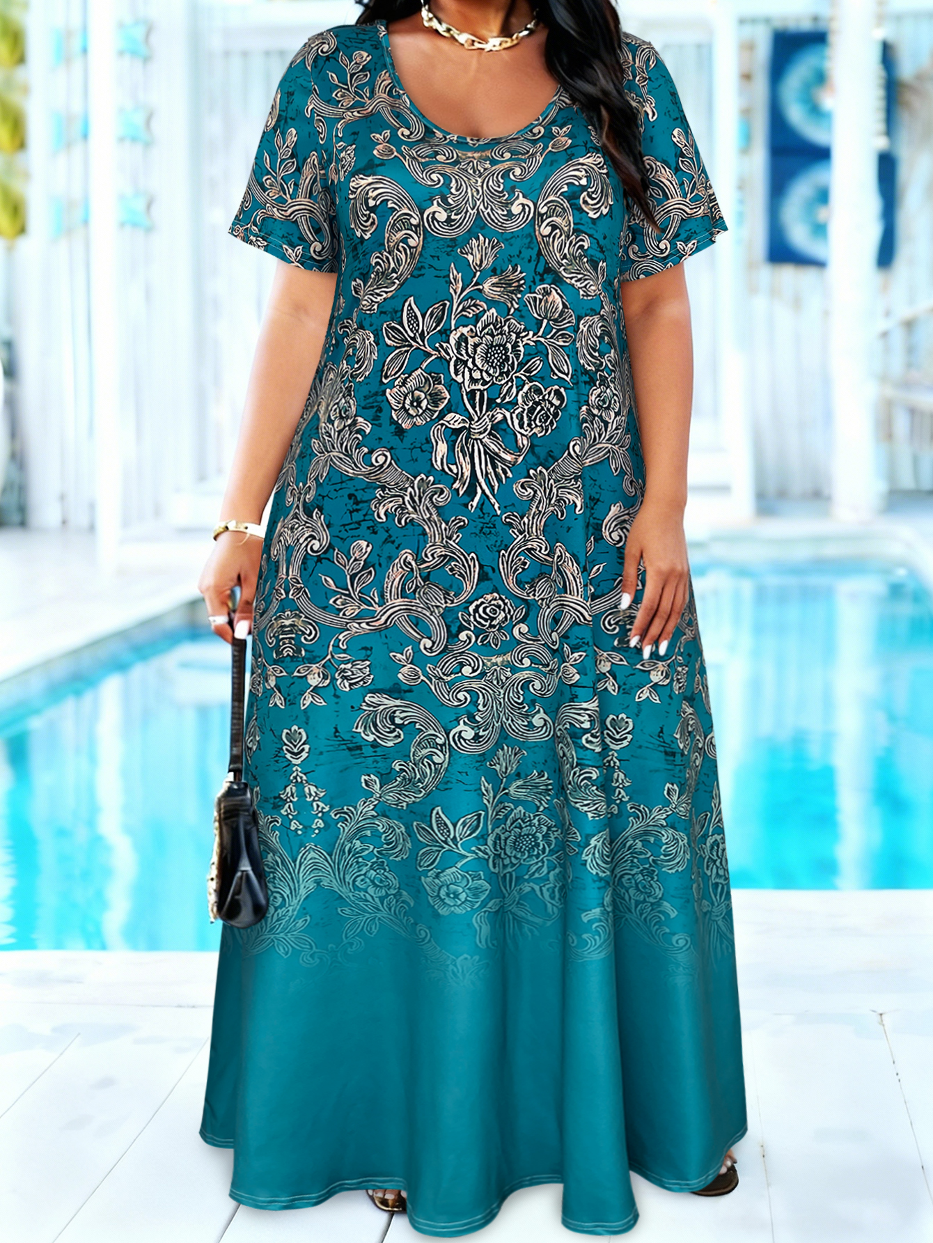 Plus Size Teal Baroque Floral  - Romper Floral Print recensione e prezzo
