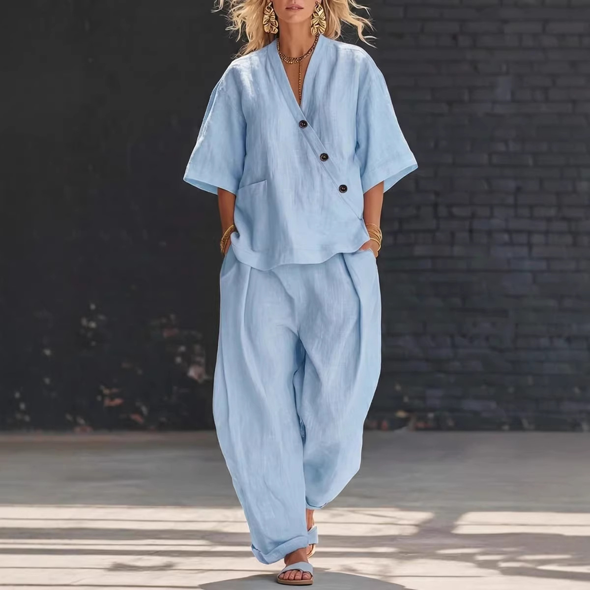 Women’s Two Piece Set Loose V  - Linen Pant Wide recensione e prezzo