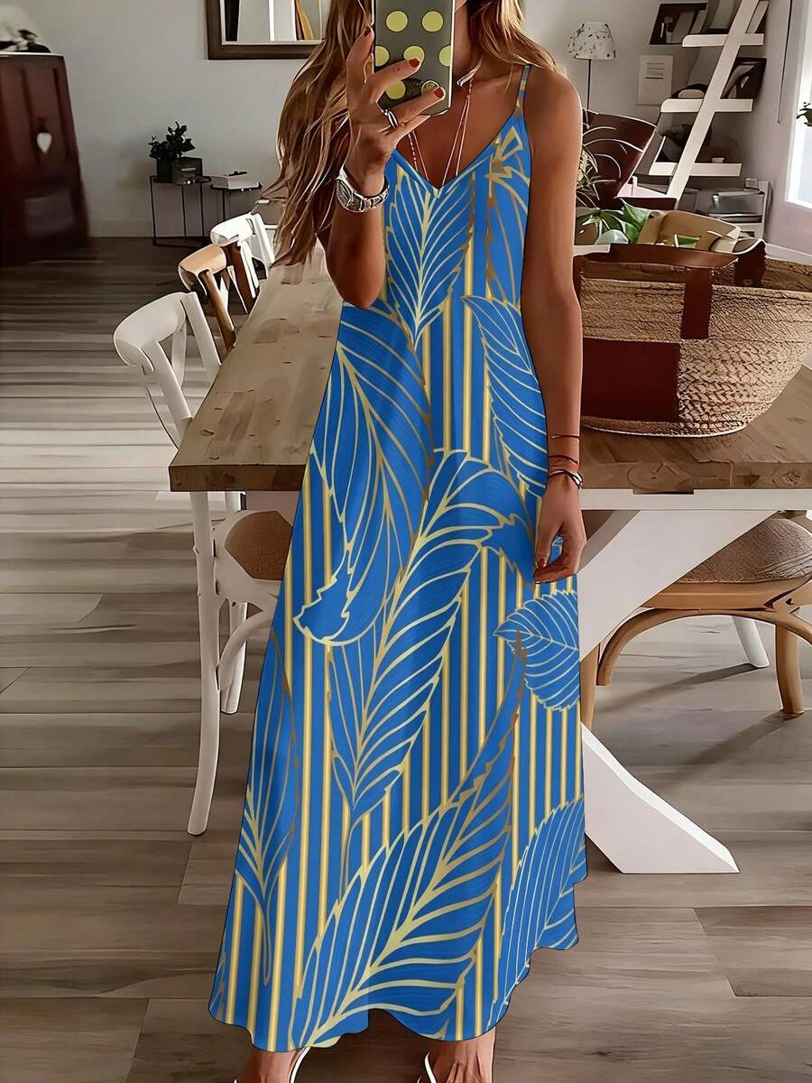 Blue Tropical Leaf Print V-Nec - Maxi Dress Halter recensione e prezzo